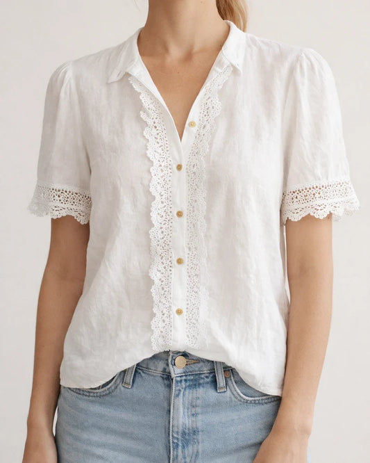 New Summer Women's Lace Cotton-Linen Short-Sleeve Casual Shirt | JRSEE:3dd990ea-a35d-4258-b142-f4512ca409ce