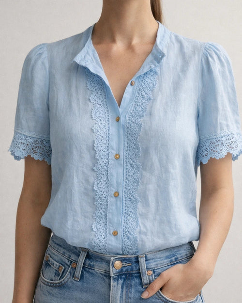 New Summer Women's Lace Cotton-Linen Short-Sleeve Casual Shirt | JRSEE:62675aad-d3df-41ec-93c1-0476188eba30