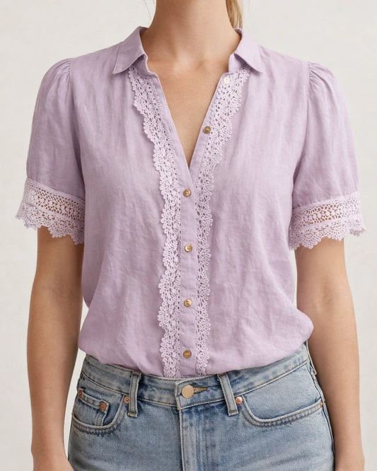 New Summer Women's Lace Cotton-Linen Short-Sleeve Casual Shirt | JRSEE:471009f9-8ee0-4eec-ab0a-7be98175852e