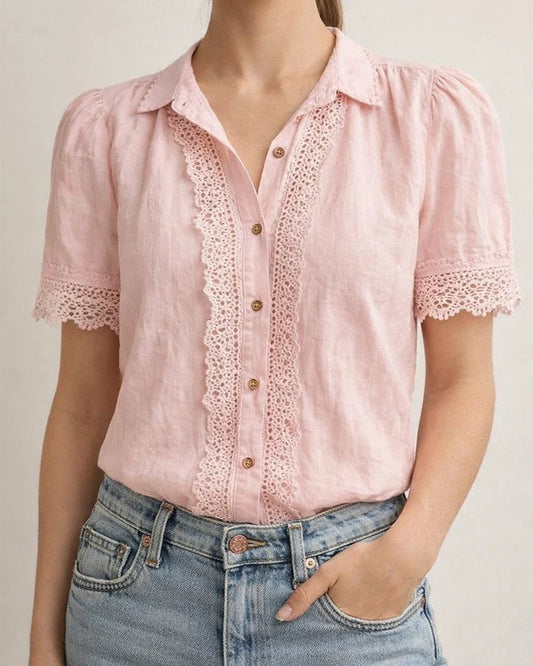 New Summer Women's Lace Cotton-Linen Short-Sleeve Casual Shirt | JRSEE:46b5948e-0476-4fbd-bde2-3eb60550d28d