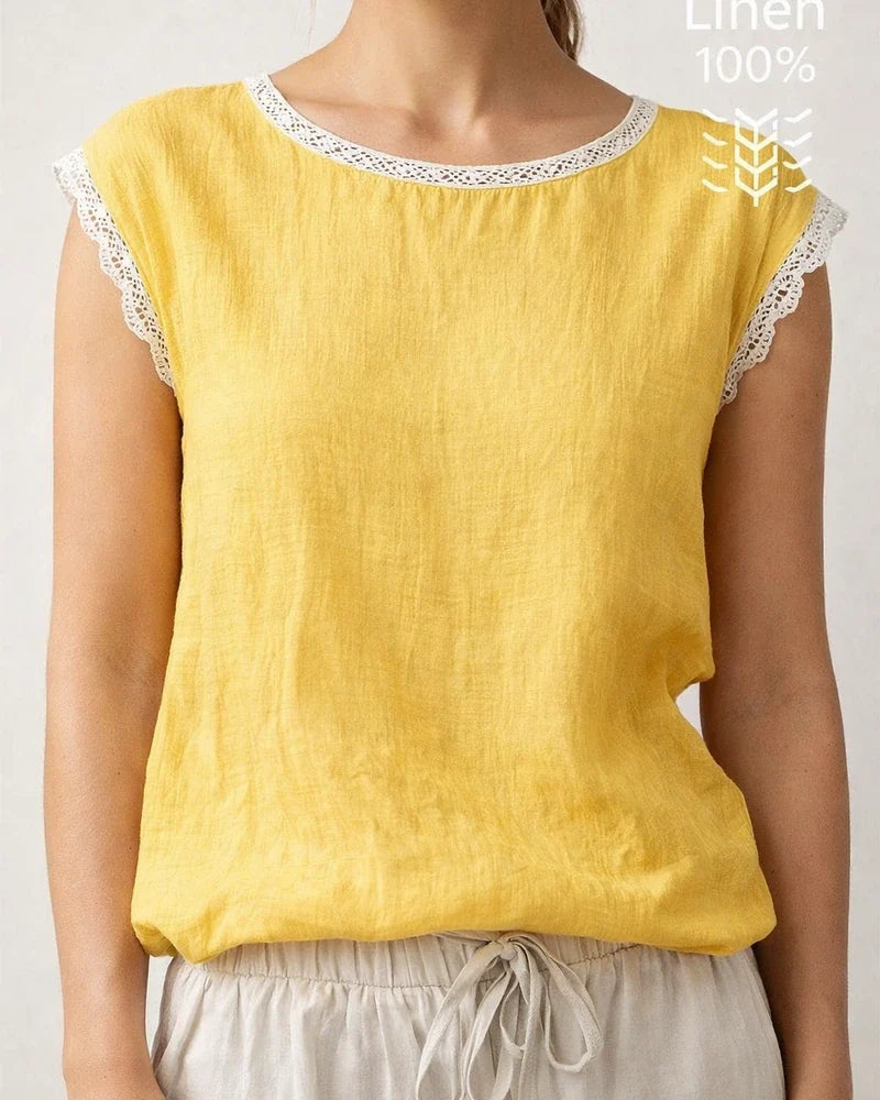 New Summer Women's Loose-Fit Solid Color Round Neck Lace Sleeveless Cotton-Linen Blouse | JRSEE:537e7bac-c08b-44ab-b0b2-ef44667a7a60