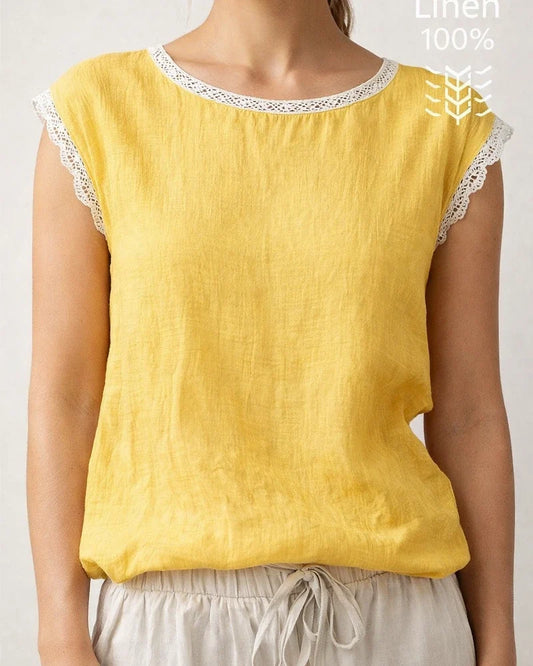 New Summer Women's Loose-Fit Solid Color Round Neck Lace Sleeveless Cotton-Linen Blouse | JRSEE:537e7bac-c08b-44ab-b0b2-ef44667a7a60