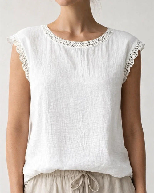 New Summer Women's Loose-Fit Solid Color Round Neck Lace Sleeveless Cotton-Linen Blouse | JRSEE:a290c199-aff4-406e-8977-19ace995b832