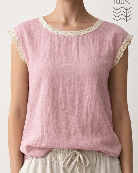 New Summer Women's Loose-Fit Solid Color Round Neck Lace Sleeveless Cotton-Linen Blouse | JRSEE:d0e23498-dab1-4373-964e-9cdd983b8e5a