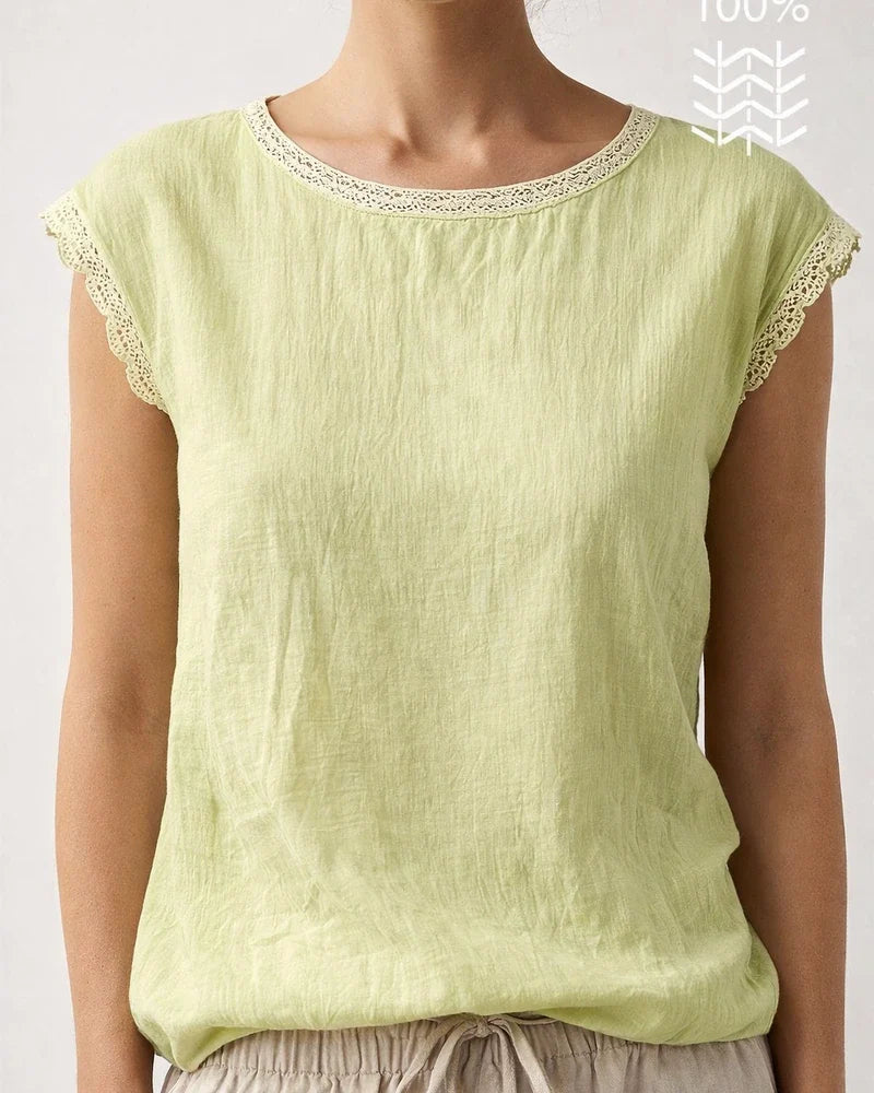 New Summer Women's Loose-Fit Solid Color Round Neck Lace Sleeveless Cotton-Linen Blouse | JRSEE:0110be20-06cb-4a7b-9763-bd826d597cde