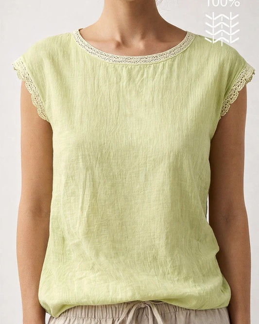 New Summer Women's Loose-Fit Solid Color Round Neck Lace Sleeveless Cotton-Linen Blouse | JRSEE:0110be20-06cb-4a7b-9763-bd826d597cde