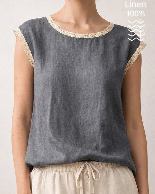 New Summer Women's Loose-Fit Solid Color Round Neck Lace Sleeveless Cotton-Linen Blouse | JRSEE:cf29f0bf-03ef-4549-b6d3-02f7e33903b1
