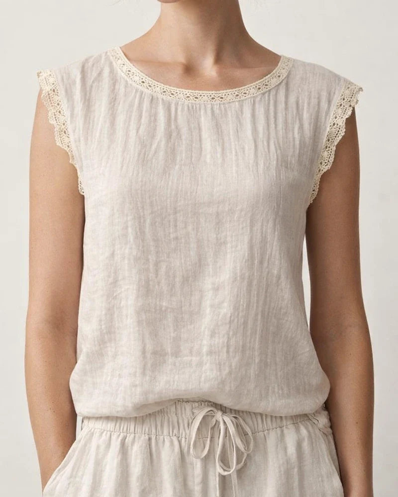 New Summer Women's Loose-Fit Solid Color Round Neck Lace Sleeveless Cotton-Linen Blouse | JRSEE:3a0d676e-8ffa-46f7-b0ef-aeeb5836f271