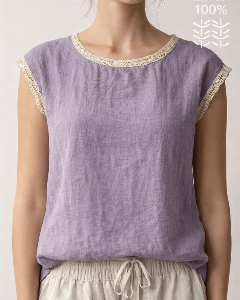 New Summer Women's Loose-Fit Solid Color Round Neck Lace Sleeveless Cotton-Linen Blouse | JRSEE:54a36543-a111-4cf2-8486-feba50af6038