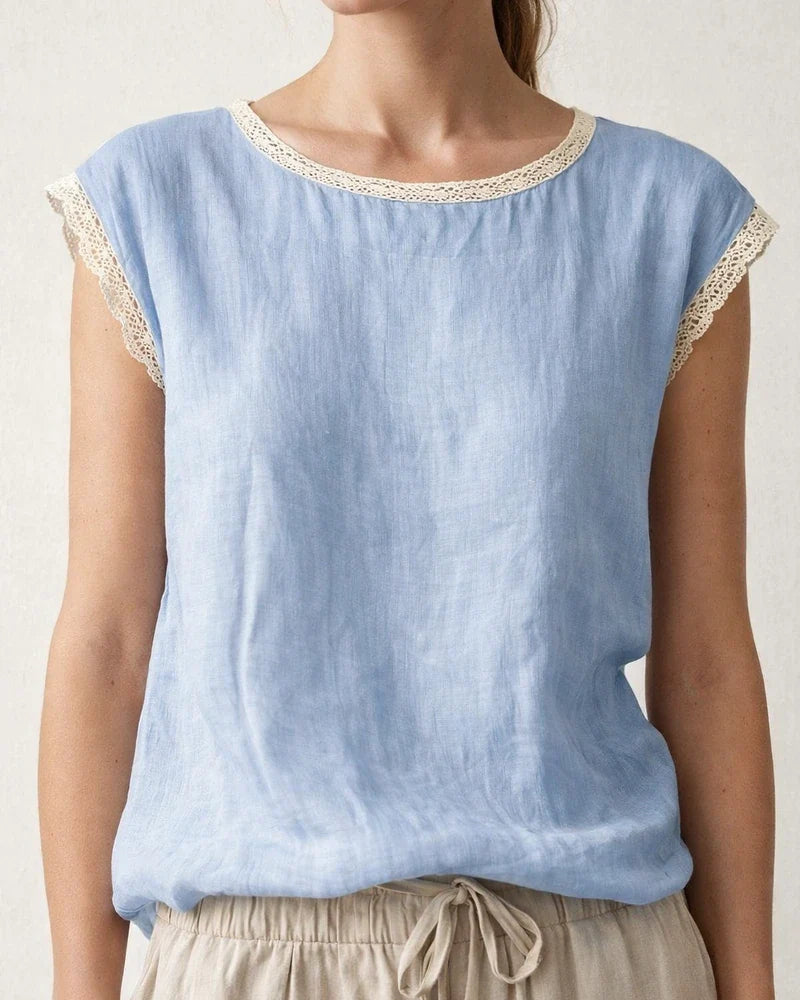 New Summer Women's Loose-Fit Solid Color Round Neck Lace Sleeveless Cotton-Linen Blouse | JRSEE:474e5d55-1822-4d0b-a134-54db9934cdec