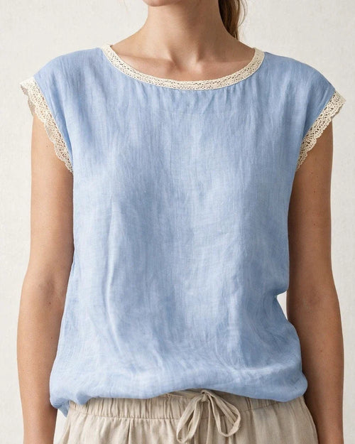 New Summer Women's Loose-Fit Solid Color Round Neck Lace Sleeveless Cotton-Linen Blouse | JRSEE:474e5d55-1822-4d0b-a134-54db9934cdec