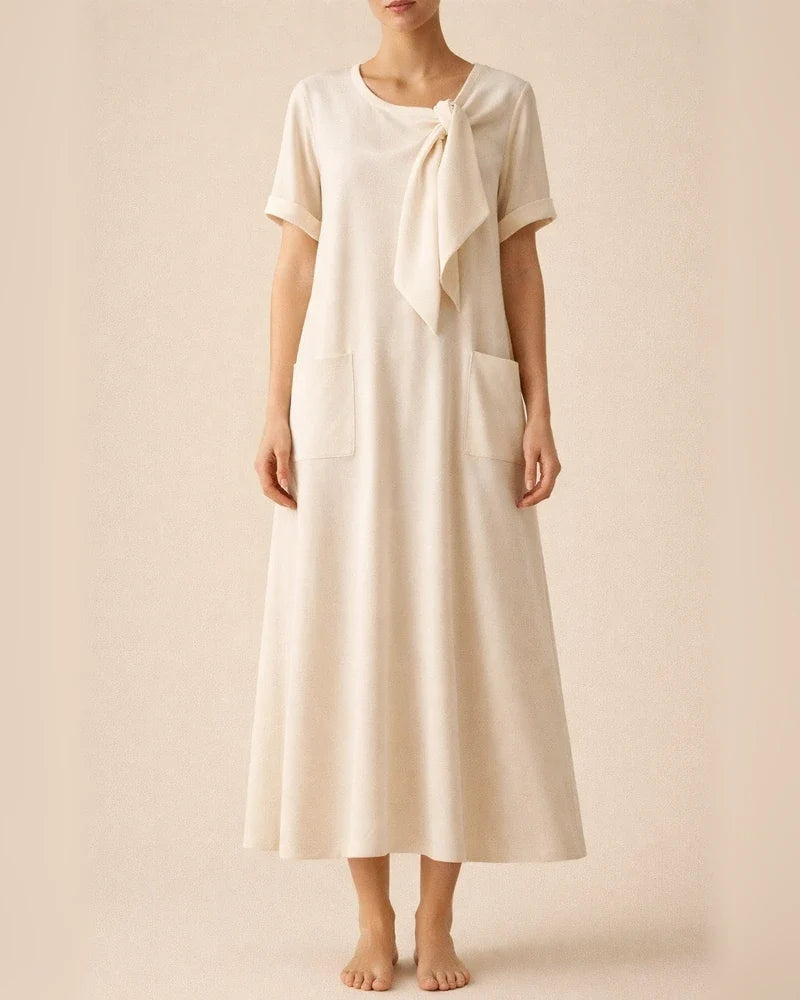 New Summer Women's Short-Sleeve Bow-Detail Flowy Maxi Dress | JRSEE:9ab2f77e-3ff7-4213-a128-24a392ea84e4
