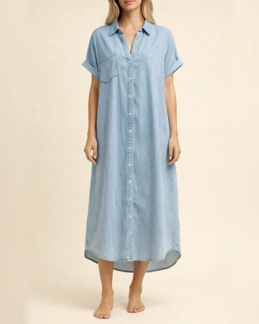 New Summer Women's Solid Color Denim Short-Sleeve Maxi Dress with Slit and Batwing Sleeves | JRSEE:baf5615c-a1ca-4591-b091-76ce38432888