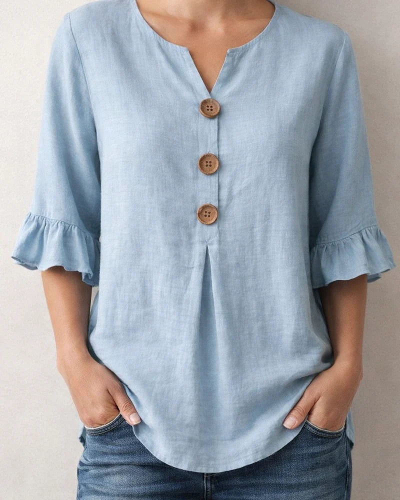 New Summer Women’s V-neck Cotton-Linen Button-Down Shirt with Ruffled Sleeves | JRSEE:5b46a323-130b-4c77-b750-89759dec5a4e
