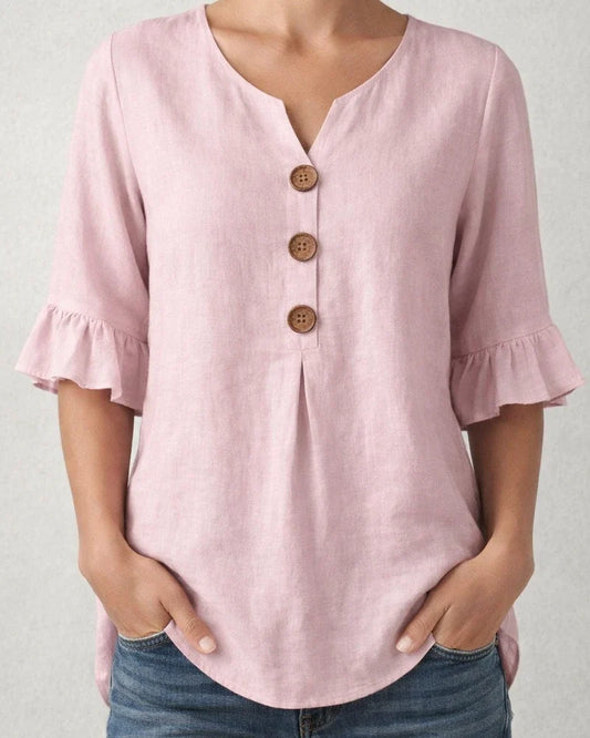 New Summer Women’s V-neck Cotton-Linen Button-Down Shirt with Ruffled Sleeves | JRSEE:1a186170-11c7-4441-9410-70fb76d7eb97