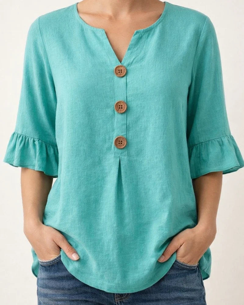 New Summer Women’s V-neck Cotton-Linen Button-Down Shirt with Ruffled Sleeves | JRSEE:858c5a05-3ff5-4348-981e-7152de7b3e37