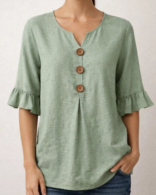 New Summer Women’s V-neck Cotton-Linen Button-Down Shirt with Ruffled Sleeves | JRSEE:c1b8264c-da51-42d0-b7b3-b62f72dafdbf