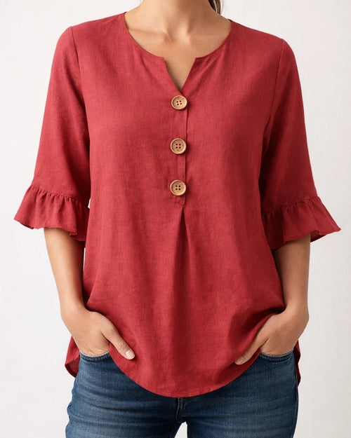 New Summer Women’s V-neck Cotton-Linen Button-Down Shirt with Ruffled Sleeves | JRSEE:96d4f2b6-95b3-4608-a4e9-970603b1be0d
