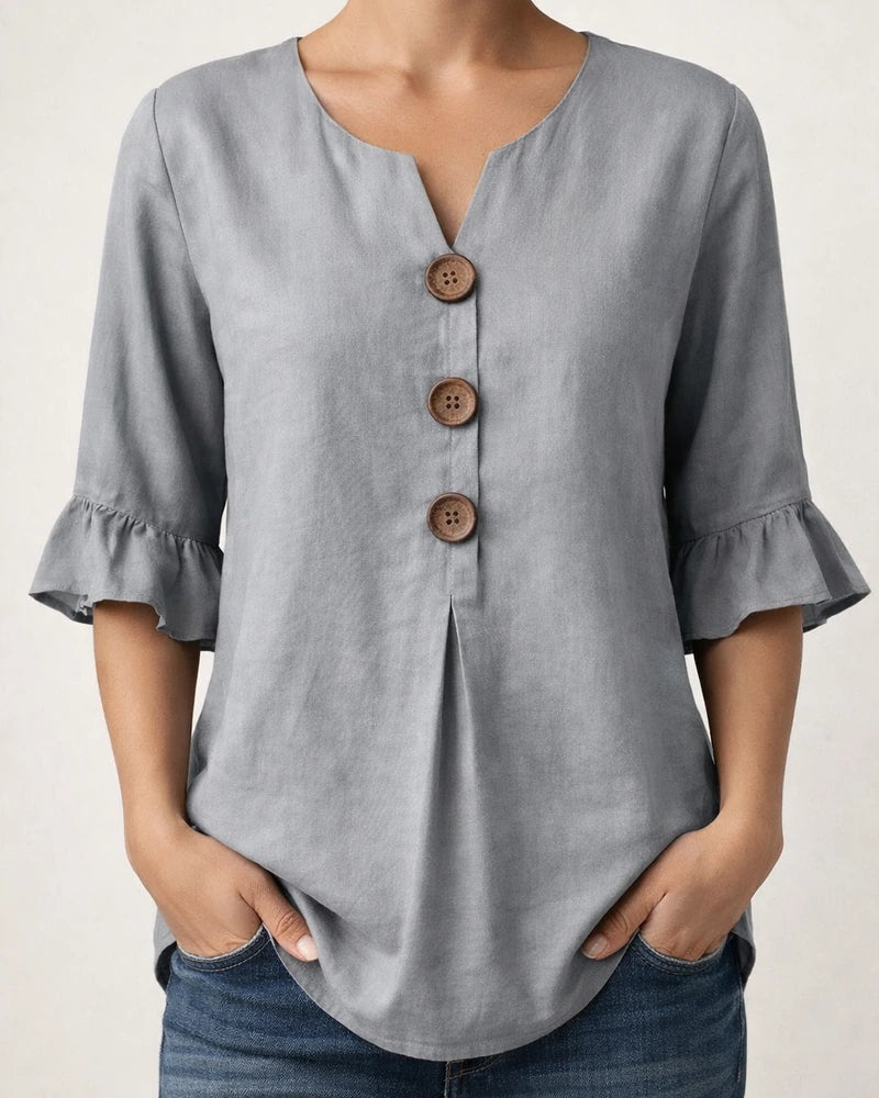 New Summer Women’s V-neck Cotton-Linen Button-Down Shirt with Ruffled Sleeves | JRSEE:5415101b-6cad-4051-8e0f-aa25e884cc3e