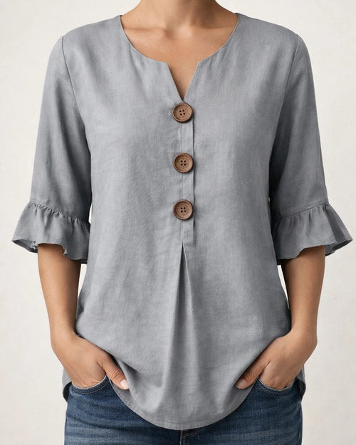 New Summer Women’s V-neck Cotton-Linen Button-Down Shirt with Ruffled Sleeves | JRSEE:5415101b-6cad-4051-8e0f-aa25e884cc3e
