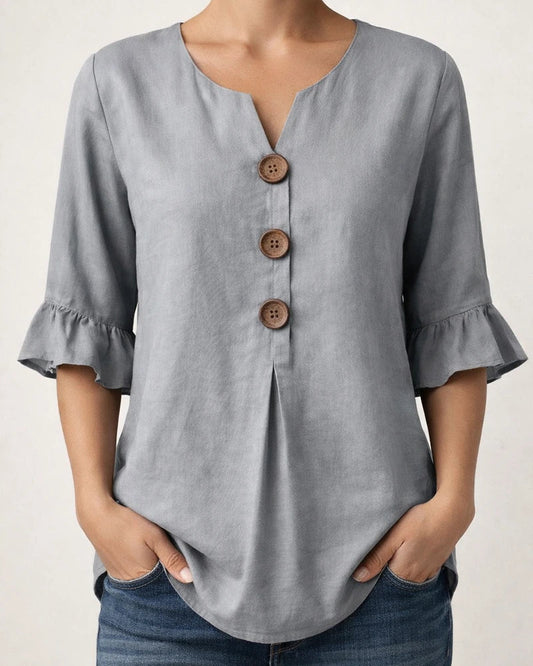 New Summer Women’s V-neck Cotton-Linen Button-Down Shirt with Ruffled Sleeves | JRSEE:5415101b-6cad-4051-8e0f-aa25e884cc3e