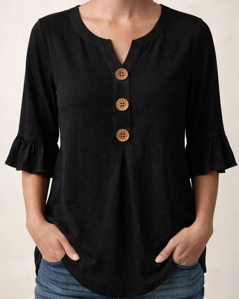 New Summer Women’s V-neck Cotton-Linen Button-Down Shirt with Ruffled Sleeves | JRSEE:5c4e711c-7d3f-46f2-83ba-ea3f8bf29d6c