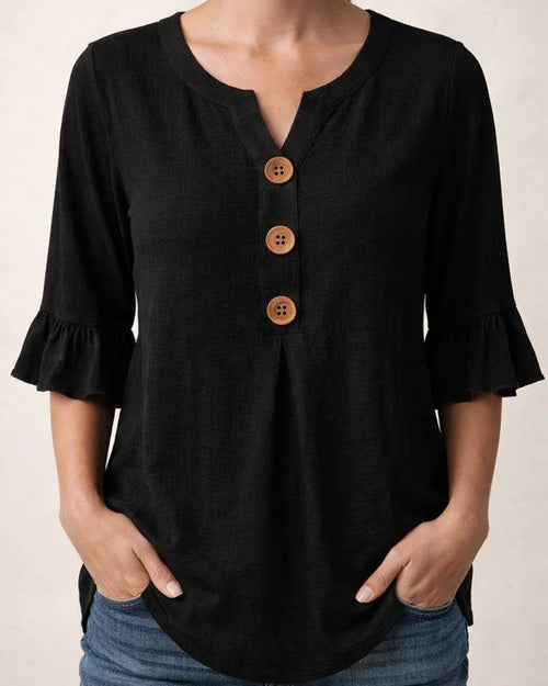 New Summer Women’s V-neck Cotton-Linen Button-Down Shirt with Ruffled Sleeves | JRSEE:5c4e711c-7d3f-46f2-83ba-ea3f8bf29d6c