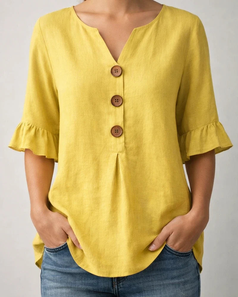 New Summer Women’s V-neck Cotton-Linen Button-Down Shirt with Ruffled Sleeves | JRSEE:e5b75fe0-91b5-47ec-9966-fd2507f31023