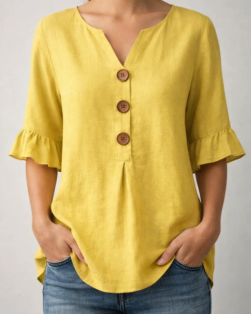 New Summer Women’s V-neck Cotton-Linen Button-Down Shirt with Ruffled Sleeves | JRSEE:e5b75fe0-91b5-47ec-9966-fd2507f31023