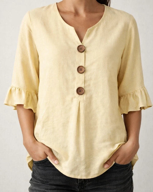 New Summer Women’s V-neck Cotton-Linen Button-Down Shirt with Ruffled Sleeves | JRSEE:bfe27e40-6e73-42e4-9695-bbbdc13698c8