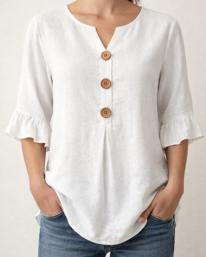 New Summer Women’s V-neck Cotton-Linen Button-Down Shirt with Ruffled Sleeves | JRSEE:24fa473d-49d2-486c-9236-a4d0c75b1745