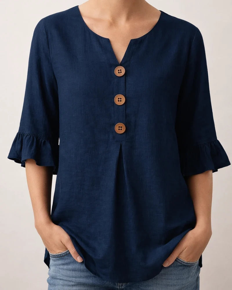 New Summer Women’s V-neck Cotton-Linen Button-Down Shirt with Ruffled Sleeves | JRSEE:5eaf5a5f-ee7a-4270-adef-7647652a99fc