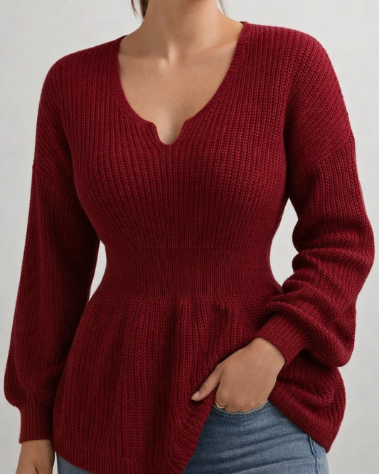 New Sweater Women's Fashion V-neck Slim-type Pullover Solid Color Long-sleeved Ruffled Waist Women's Shirt | JRSEE:84a9bd09-5d22-49a2-99fe-52bfb100a3da