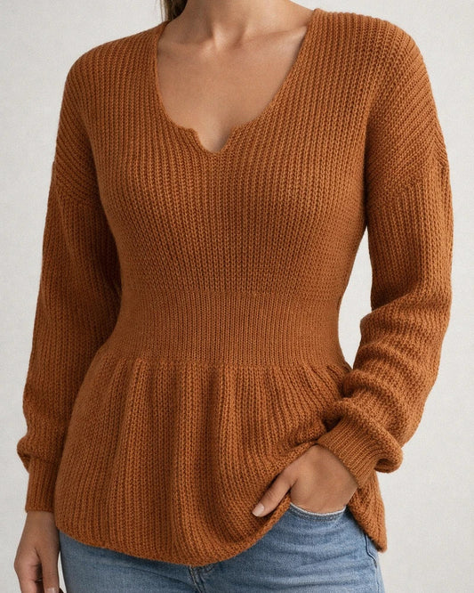 New Sweater Women's Fashion V-neck Slim-type Pullover Solid Color Long-sleeved Ruffled Waist Women's Shirt | JRSEE:ac497d5f-5172-42cf-aa71-d092c32fc4f8