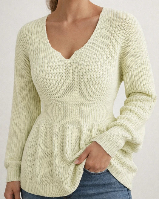 New Sweater Women's Fashion V-neck Slim-type Pullover Solid Color Long-sleeved Ruffled Waist Women's Shirt | JRSEE:e775de8a-8418-4bd9-b5e5-16929cfd6ee2