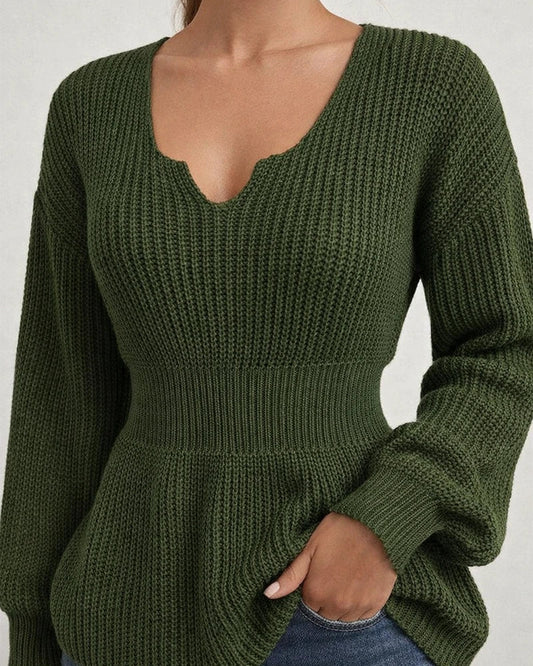 New Sweater Women's Fashion V-neck Slim-type Pullover Solid Color Long-sleeved Ruffled Waist Women's Shirt | JRSEE:3269d0fe-5520-4f8a-b2e1-0ab1a412bd18