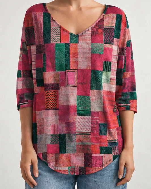 New Women's Casual V-neck Long Sleeve Loose Pullover Digital Printed Loose Type Drop Shoulder Sleeve Women's T-Shirt | JRSEE:bff1355c-9ec8-4c58-89db-38f8daadf5fb