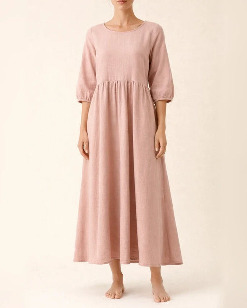 New women's European and American solid color fashion lantern sleeves loose cotton linen insert pockets dress | JRSEE:bcfc8c9e-22fd-43cc-abf7-3f8fe0b59fdf