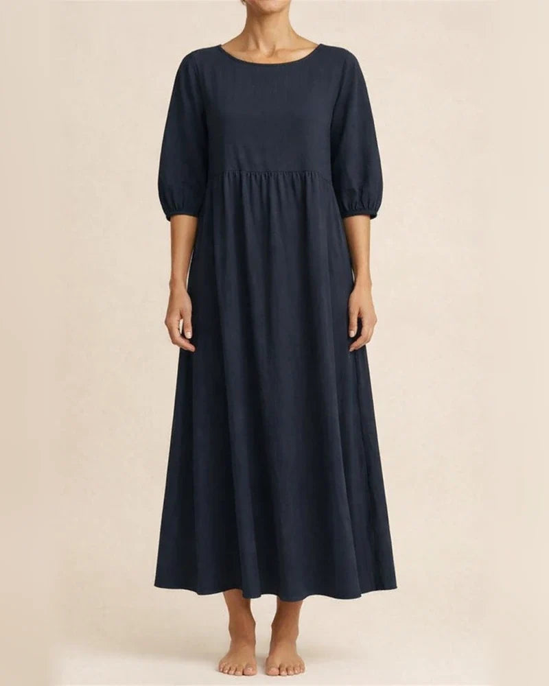 New women's European and American solid color fashion lantern sleeves loose cotton linen insert pockets dress | JRSEE:eab34fda-2d5e-4738-adc3-2c7258b8f966