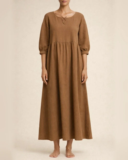 New women's European and American solid color fashion lantern sleeves loose cotton linen insert pockets dress | JRSEE:fdc379a1-56a2-4ea4-abd4-431722c457b3