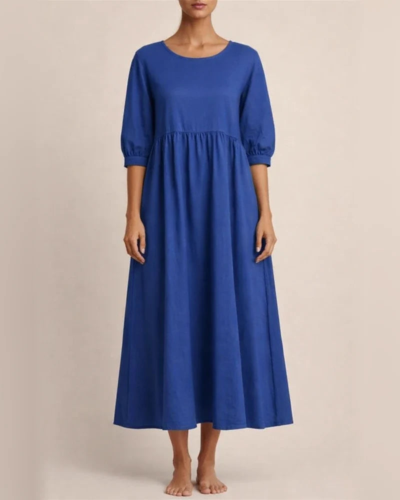 New women's European and American solid color fashion lantern sleeves loose cotton linen insert pockets dress | JRSEE:faa6325b-5109-46cc-b4d3-0808c0ba08b4
