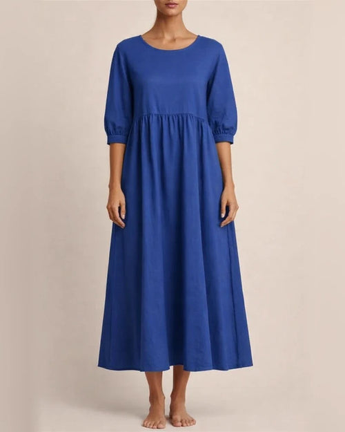New women's European and American solid color fashion lantern sleeves loose cotton linen insert pockets dress | JRSEE:faa6325b-5109-46cc-b4d3-0808c0ba08b4