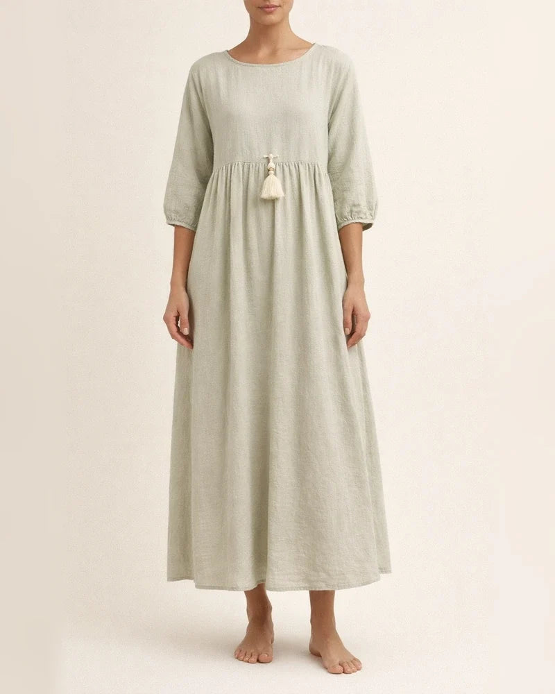 New women's European and American solid color fashion lantern sleeves loose cotton linen insert pockets dress | JRSEE:3bc7604b-30bb-47ff-bc82-df91c032720b