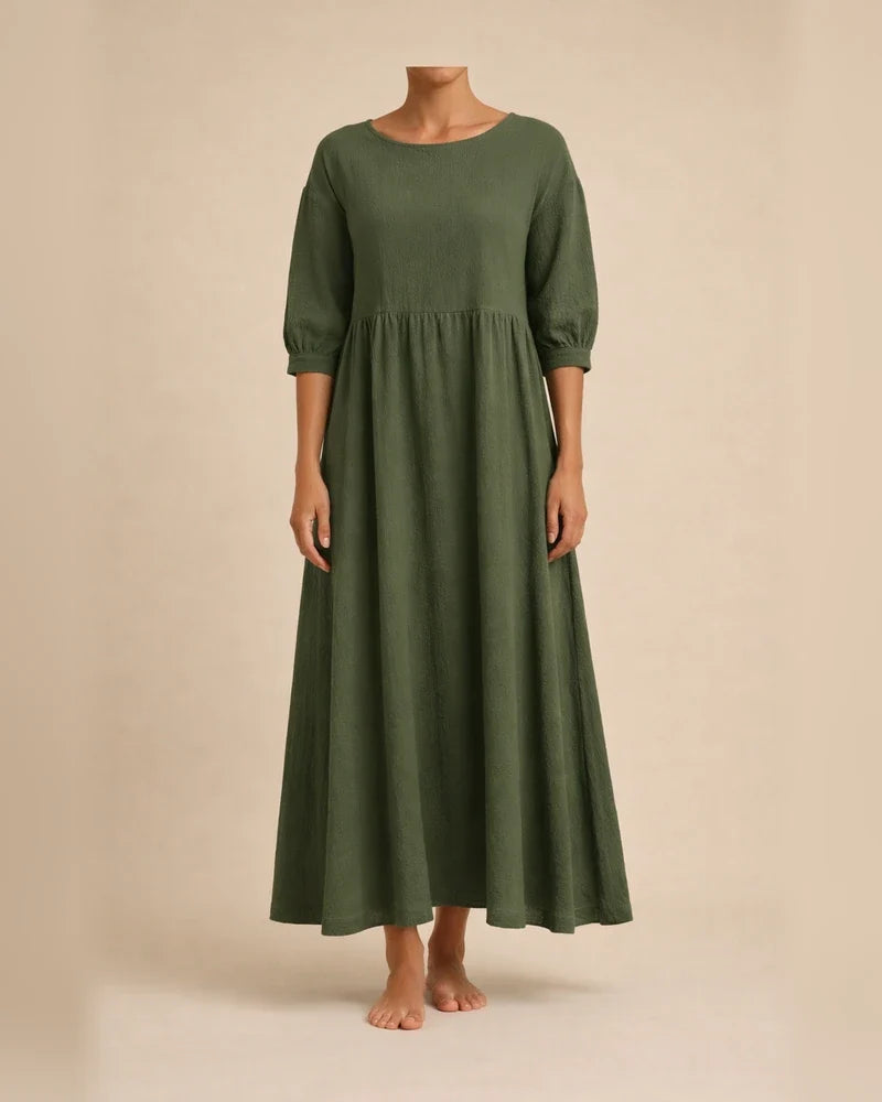New women's European and American solid color fashion lantern sleeves loose cotton linen insert pockets dress | JRSEE:ee9077d8-9789-48f1-be84-c31defded442