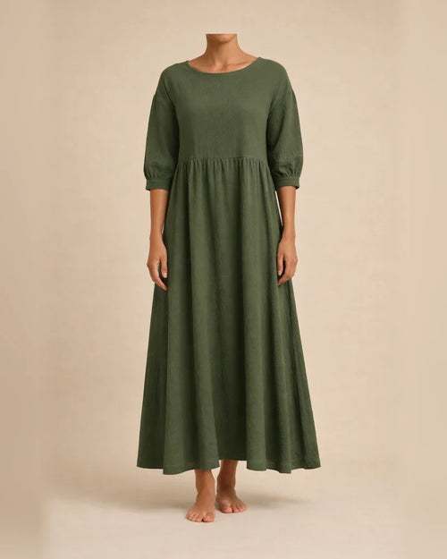 New women's European and American solid color fashion lantern sleeves loose cotton linen insert pockets dress | JRSEE:ee9077d8-9789-48f1-be84-c31defded442