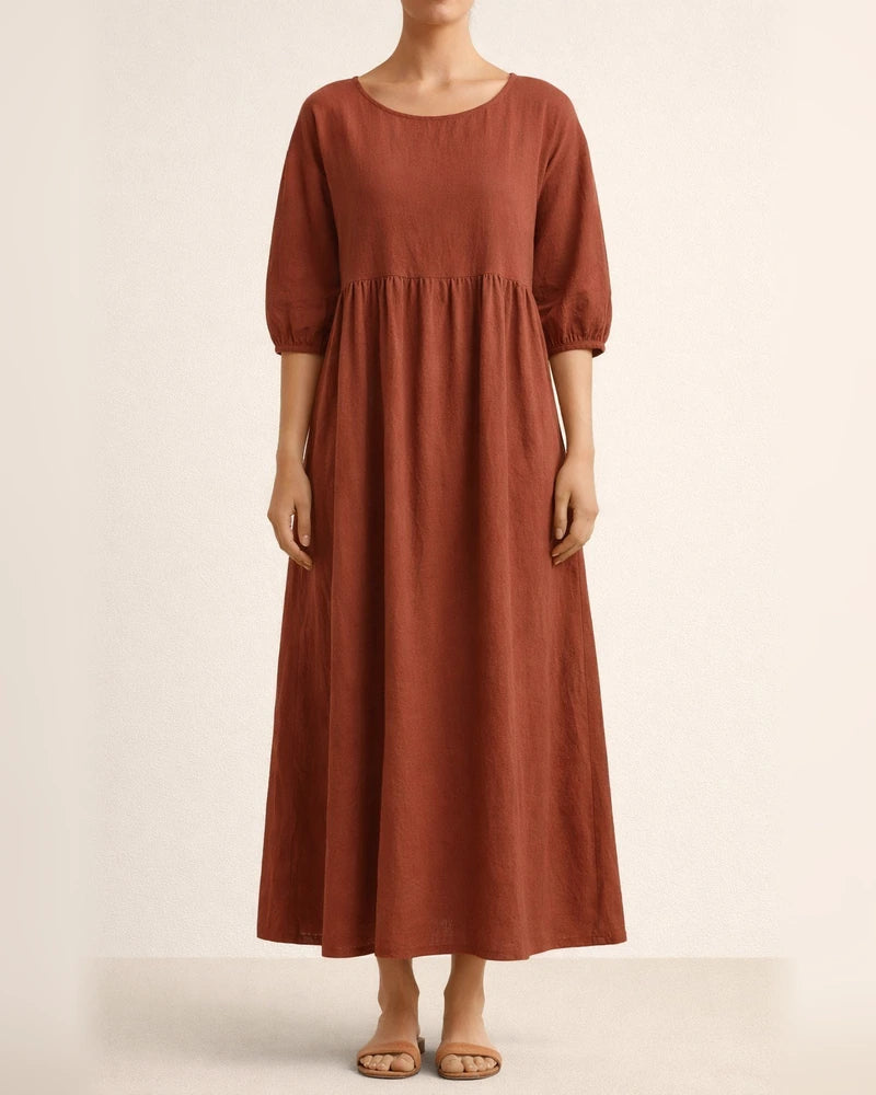 New women's European and American solid color fashion lantern sleeves loose cotton linen insert pockets dress | JRSEE:b334df9b-7d86-4fc0-b0f5-b597e7339e40