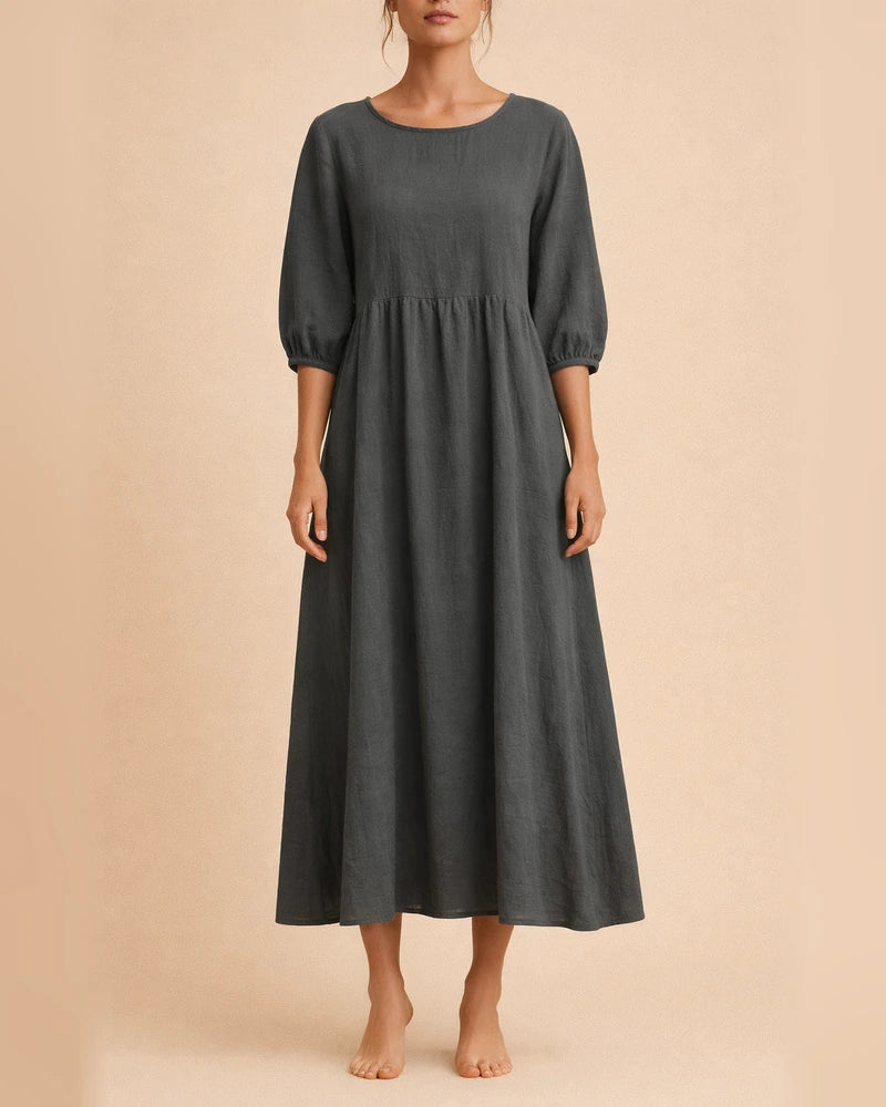 New women's European and American solid color fashion lantern sleeves loose cotton linen insert pockets dress | JRSEE:ffd0e069-a7ed-4d0d-8ef9-8147090248b1