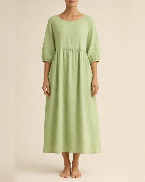New women's European and American solid color fashion lantern sleeves loose cotton linen insert pockets dress | JRSEE:ac722b02-b6ff-4fa5-9adf-e674a8c37ba0
