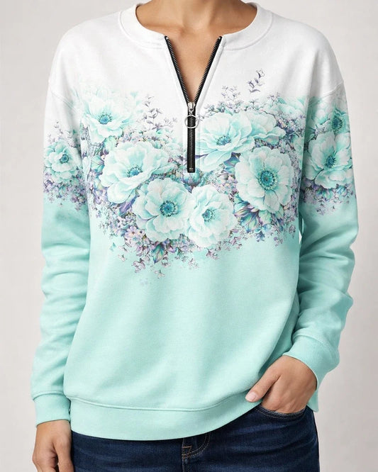 New Women's Explosion Botanical Floral Print V-neck Long Sleeve Pullover Loose Type Comfortable Casual Sweatshirt | JRSEE:281172ea-123c-4ed6-9de2-21694d083e81