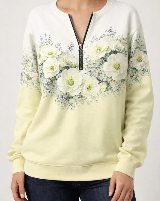 New Women's Explosion Botanical Floral Print V-neck Long Sleeve Pullover Loose Type Comfortable Casual Sweatshirt | JRSEE:468c6fbd-cff1-46ed-8909-4866b3a6ae5a
